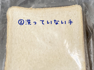 外であそんで帰ってきたらすぐに1枚の食パンに手をペタペタして、保護者の方に【②洗っていない手】と書いた袋にパンを入れてもらおう。