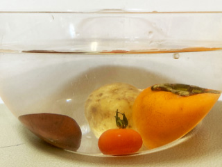家にある色々な野菜や果物をボールにはった水に浮かべてみよう。