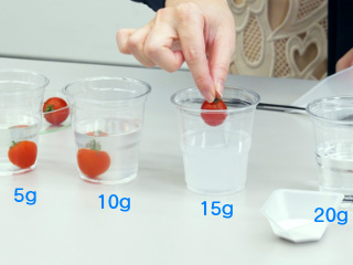 コップがたくさんあれば、4つのコップに水100mLずつ入れ、それぞれ塩を5g・10g・15g・20g溶かして実験できるよ。